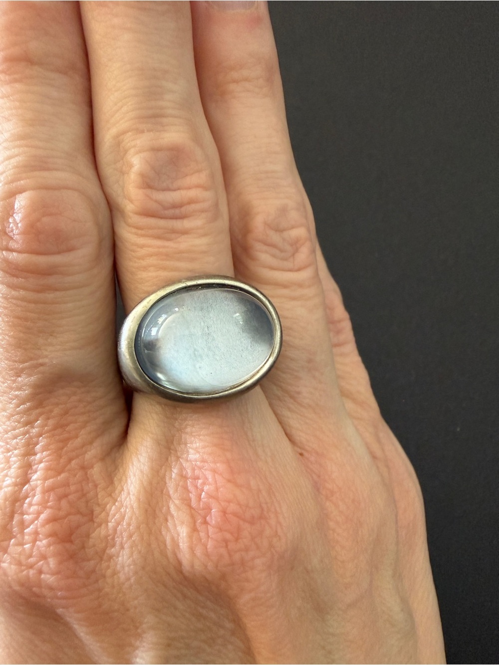 Nine West Silver Statement Ring With Grey Stone Design, Size 8.75